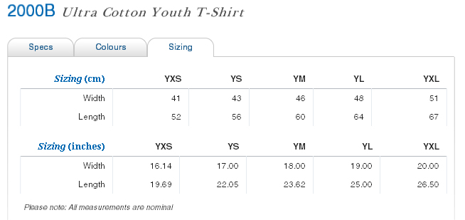 Gildan Youth Ultra Cotton T Shirt Size Chart